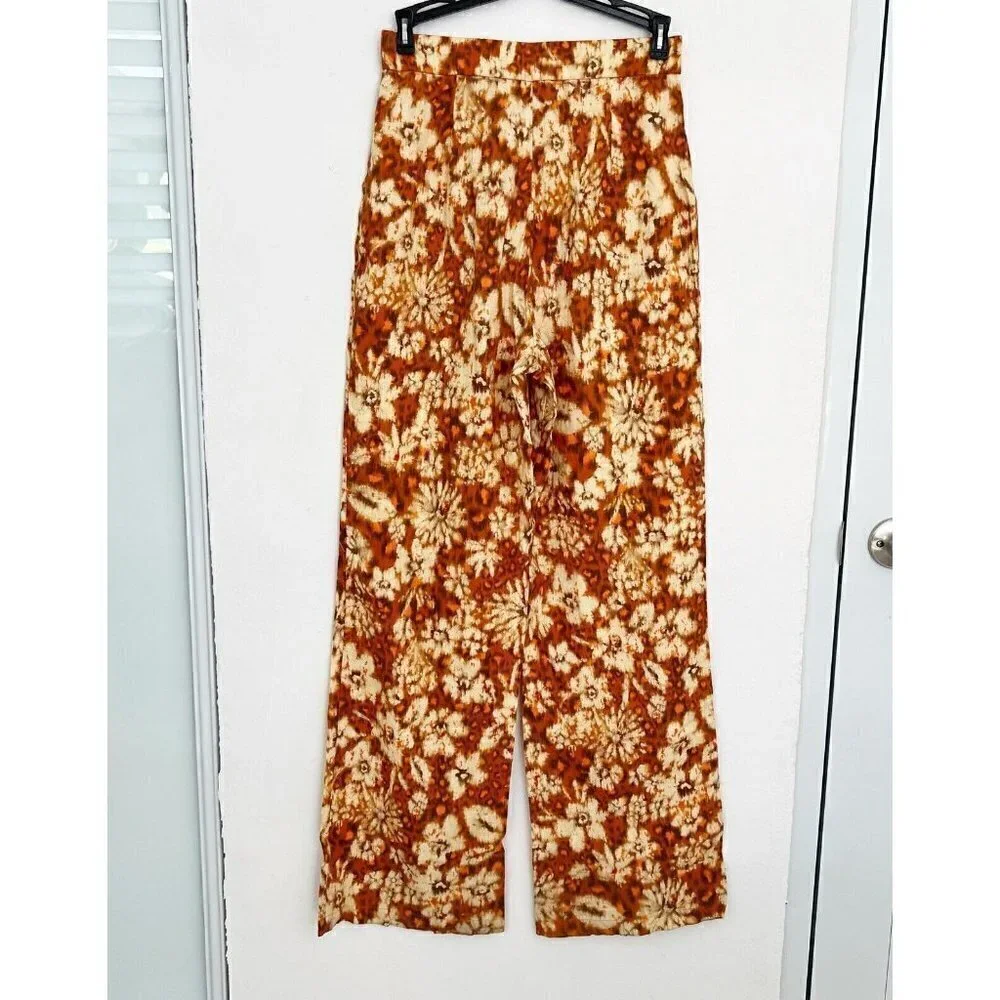 NEW Zara wide leg LINEN Pants XSMALL burnt orange Bohemian